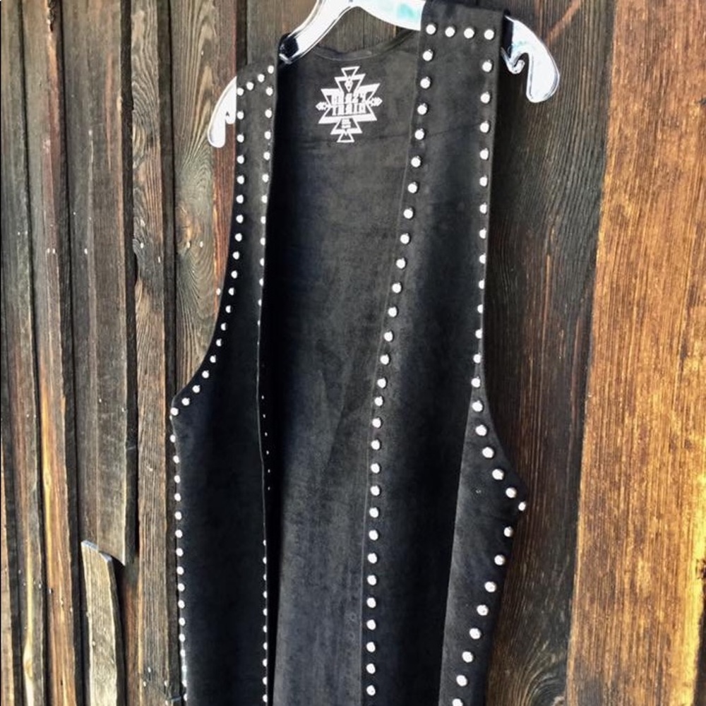OS Black studded knee length fringe duster vest